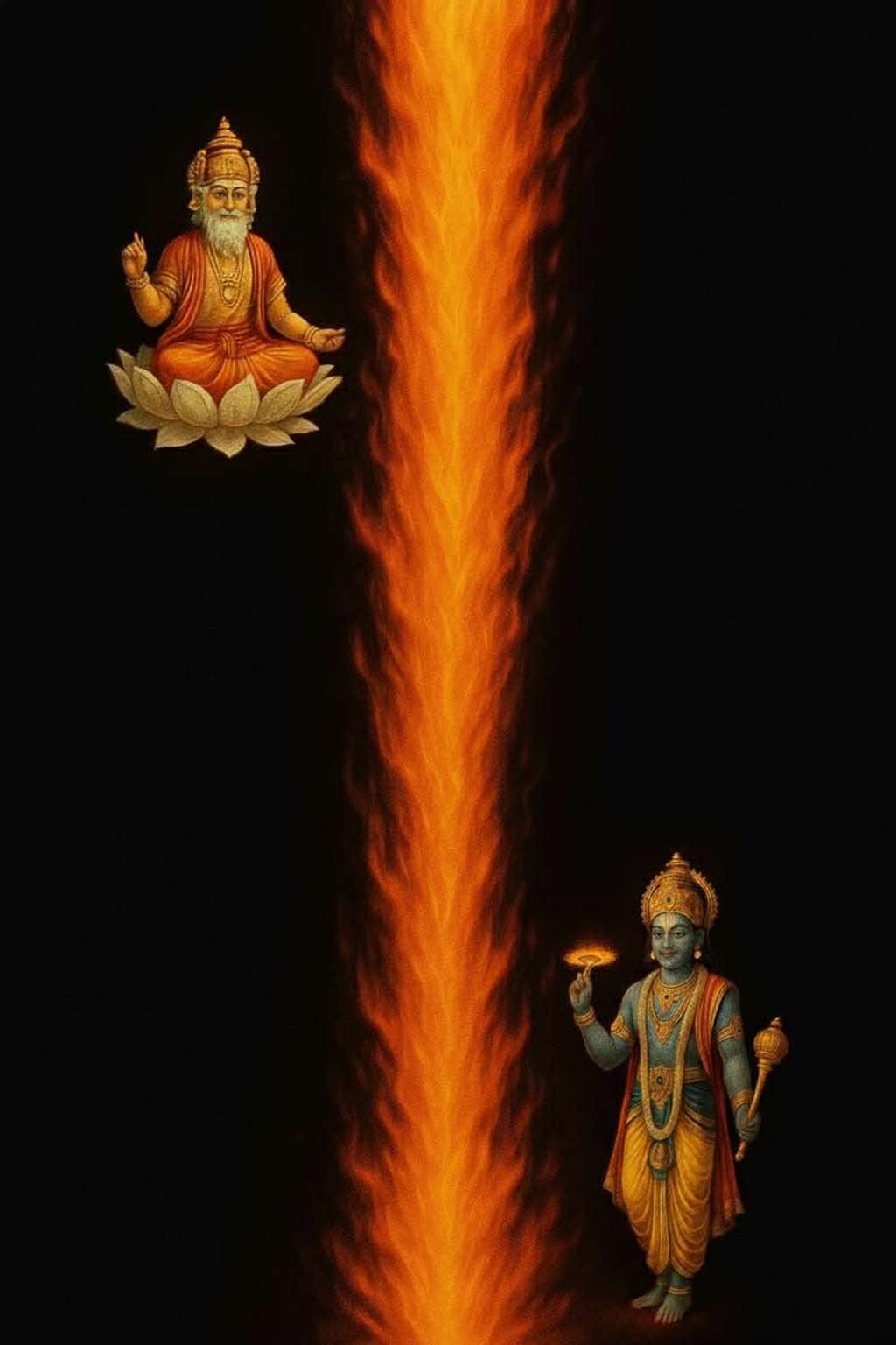 Lord Brahma and lord Vishnu searching for the ends of the colossal pillar of divine light