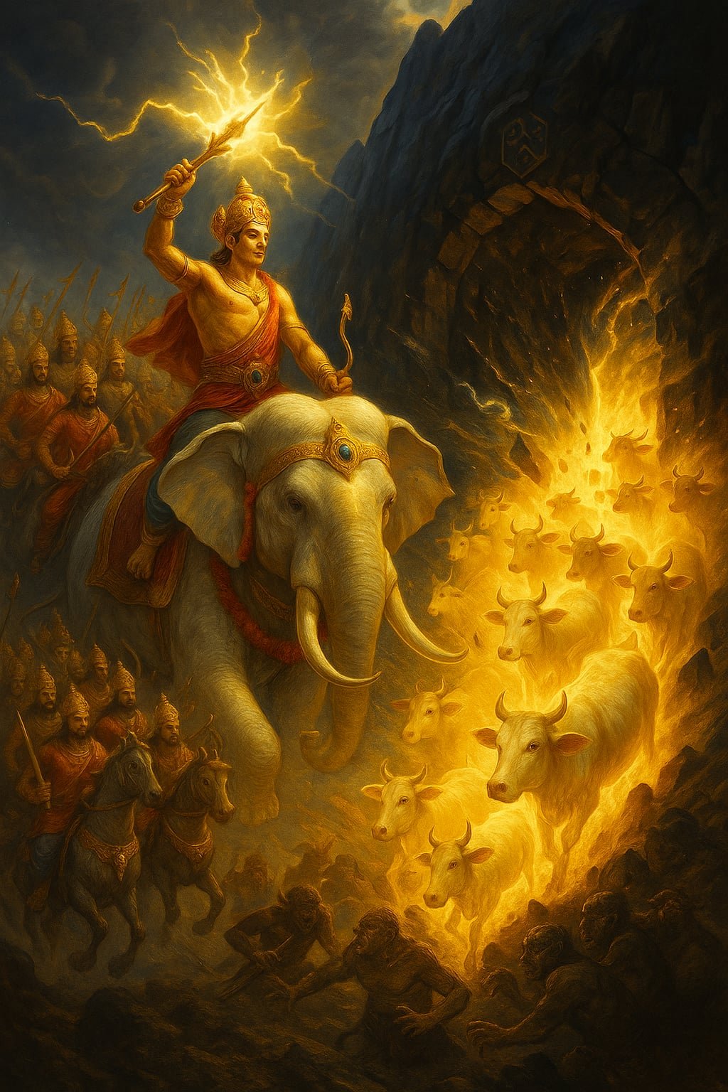 Devraj Indra attacked Vala cave with his celestial army.